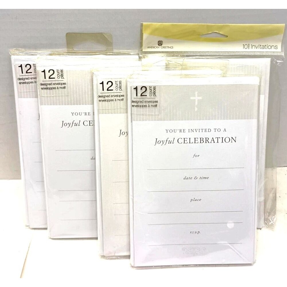 Lot of 5 58 count white party or celebration invitations & envelopes.